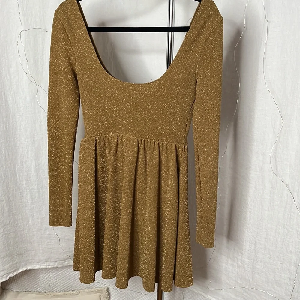 Free People Day & Night Gold Metallic Long Sleeve Babydoll Mini Dress Women’s S - Picture 4 of 12